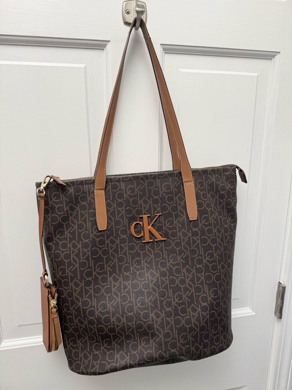 Calvin Klein Brown Monogram Tote Bag with Detachable Wallet Pouch